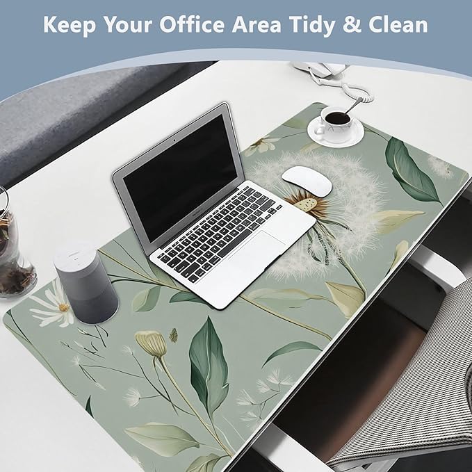 Mouse Pad Desk Mat Leather Desk Pad Large Gaming Desk Cover Protector Mat for Keyboard Computer Laptop Office Waterproof 35.4 x 16.5 Inch Sage Green Dandelion