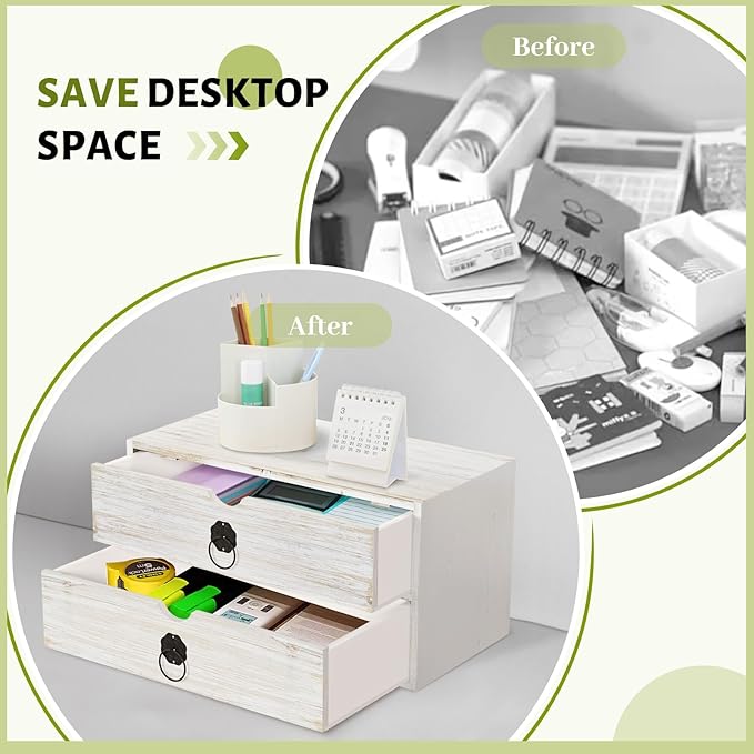 Wood Desk Organizer, White Wooden Desktop Organizer with Drawer, Tabletop Storage Organization Box for Countertop, Home Office Supplies, Bills (2 Drawer)
