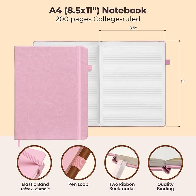 Classic Lined Journal Notebook 8.5x11" A4 Hardcover Leather - Pink - 200 Pages College Ruled Large with Sticky Tabs, Pockets, and Pen Loop for Writing and Journaling - Big Hardback Men and Women
