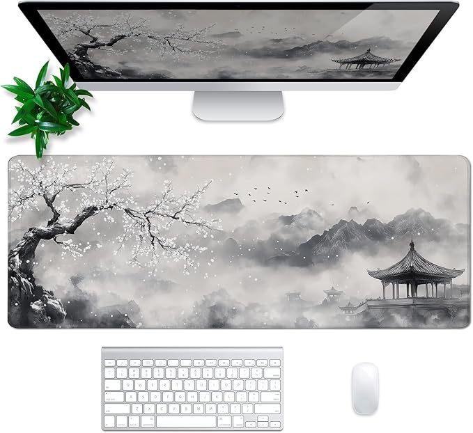 Watercolor Cherry Blossom Mouse Pad Abstract Black Mouse Pad 31.5x11.8 Inch Pagoda Texture Non-Slip Rubber Base Large Mousepad Stitched Edges Keyboard Mouse Mat Desk Pad for Office and Home