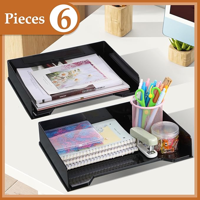 6 Pcs Stackable Letter Tray Rectangular Plastic Desk Organizer 13 x 9.5 x 2.6 in Paper Holder File Tray Accessories Rack for Desktop Office Desk Drawers (Black)