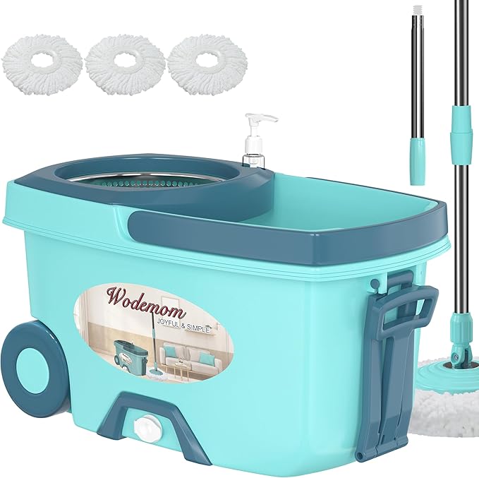 Spin Mop and Bucket System, Mop and Bucket with Wringer Set,Mops for Floor Cleaning,Household Supplies Tools with 3 Replacement Refills,61" Extended Handle for Household Hardwood Floor - Green