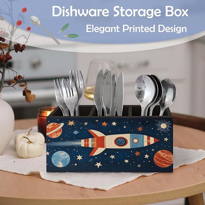 SNNDER Outer Space Pen Holder for Desk, Cosmic Rocket Planet Celestial Wooden Box Sign Desk Decor for Kids Room Home Classroom Decoration, Blue Galaxy Pencil Organizer, Space Decor for Boys Room