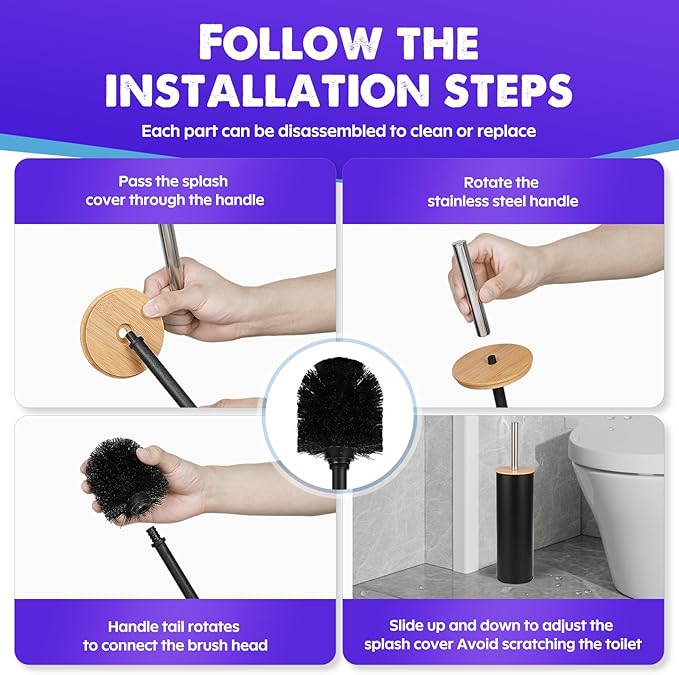 ODJSY Compact Toilet Brush and Holder 2 Pack,SetStainless Steel Handle Toilet Brush,Deep Cleaning,Durable Nylon bristles,Splash-Proof Design(White&Black)
