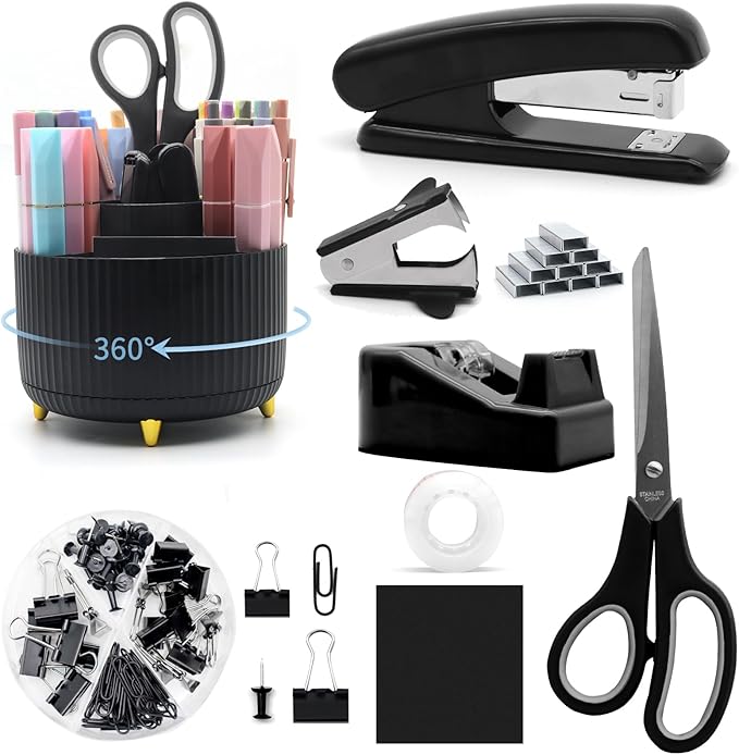 Black Desk Accessories, Rotating Pen Holder Set,Black Office Supplies with Stapler and Tape Dispenser Set, Gifts for Office Clerks,Student