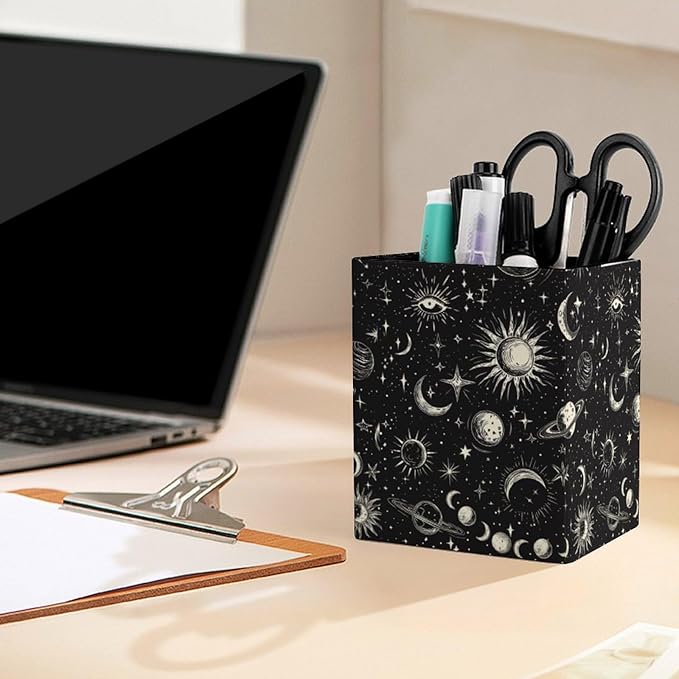 Square Pen Holder & Pencil Organizer for Desk - Office Storage Organizer, Markers/Makeup Brushes/Scissors Holder, Compact Desk Decor Accessories for Home Classroom School(Stars Moon Sun)