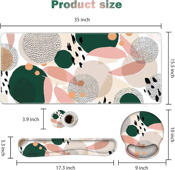 ARTSO Desk Mat, Large Gaming Mouse Pad Wrist Support Set, Ergonomic Keyboard Wrist Rest Desk Pad with Coaster Combo, Extended Mousepad with Non-Slip for Home Office, Abstract Point