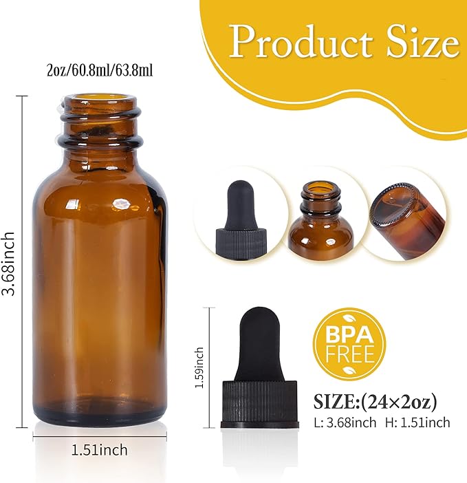 2 oz Dropper Bottle 24 Pack Amber Glass Boston Bottles 60ml with Eye Droppers Black Caps for Essential Oils, Perfume, Leak Proof Travel Bottles for Liquids