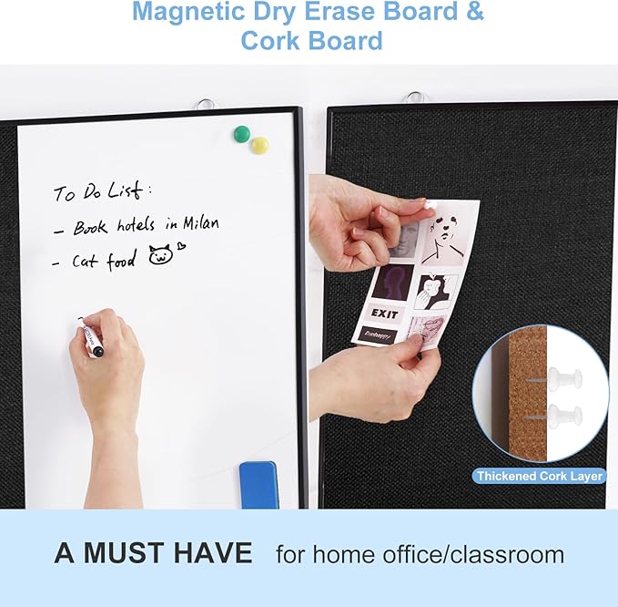 ARCOBIS Cork Board White Board Combo, 24"X18" Linen Bulletin Board Whiteboard for Wall, Double-Sided Magnetic Dry Erase Corkboard for Home, Office, School, Black