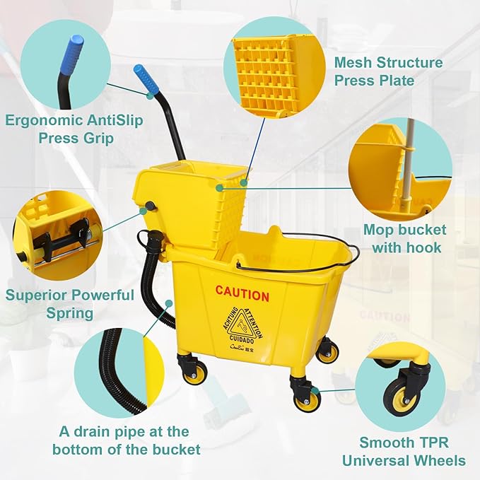 Wajeehaa Side Press Wringer Combo Commercial Mop Bucket on Wheels, 35 Quart,Yellow, Including Commercial Mop and Rubber Gloves