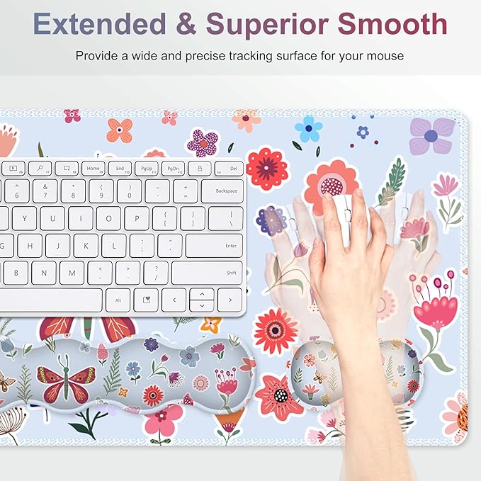 Desk Mat Gaming Mouse Pad, Cute Desk Matt Keyboard Wrist Rest for Desktop, Anti-Slip Big Mousepad Stitched Edges, XXL Large Mouse Pad with Wrist Support for Home Office I Butterfly & Flower