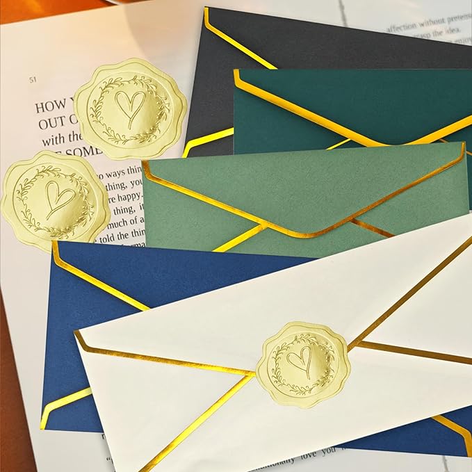 30 Pack #10 Business Envelopes with Gold Border and Stickers, 9.49x4.13 Inch Self Seal Standard Envelopes for Office, Letters, Checks, Invoices, Documents (Sage Green)