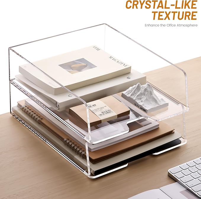 Enlarged Letter Paper Tray - Clear Acrylic Desk Organizers for Document Organization and File Storage - Stackable Office Accessories - 2 Pack (Large Tray V)