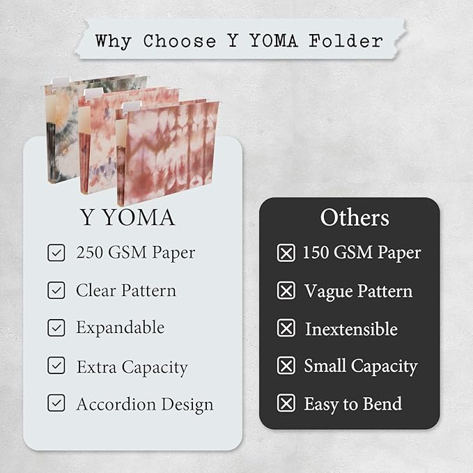 Y YOMA Letter Size - 6 Pack Extra Capacity Hanging File Folders with Pocket Accordion Decorative File Folder Cute Colored Expandable Folder for Office with 1/5-Cut Adjustable Tabs, Tie-dye Pattern