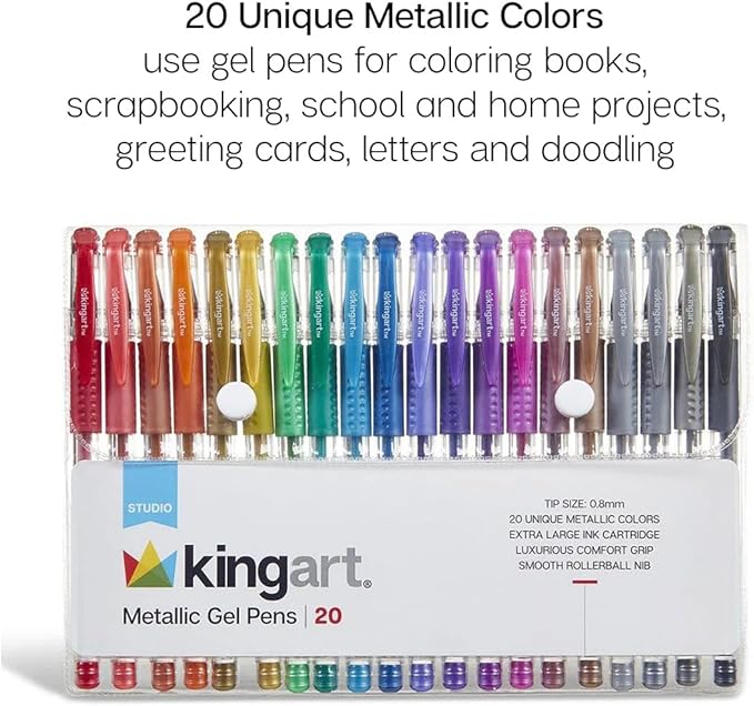 KINGART 400-20 Metallic Rollerball Gel Pens, Set of 20 Shiny Colors with Soft-Grip Comfort, XL Ink Cartridge - Ink, Great for All Ages, Writing, Coloring, Doodling, Scrapbooking, Journaling & More
