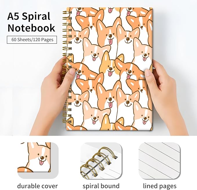 Spiral Journal Notebook, Hardcover Lined Journal for Women, Medium 6 x 8.4 in, 120 Pages Thick Paper, College Ruled Notebook for Writing, Work, Office, and School,Cartoon Corgi Dog