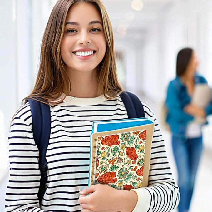 Spiral Notebook Journal for Women Men, A5 Hardcover Journal, 120 Pages Thick Paper, College Ruled Writing Notebook for School, Work & Office 8.3'' × 5.9''(Red Flower Leaf)