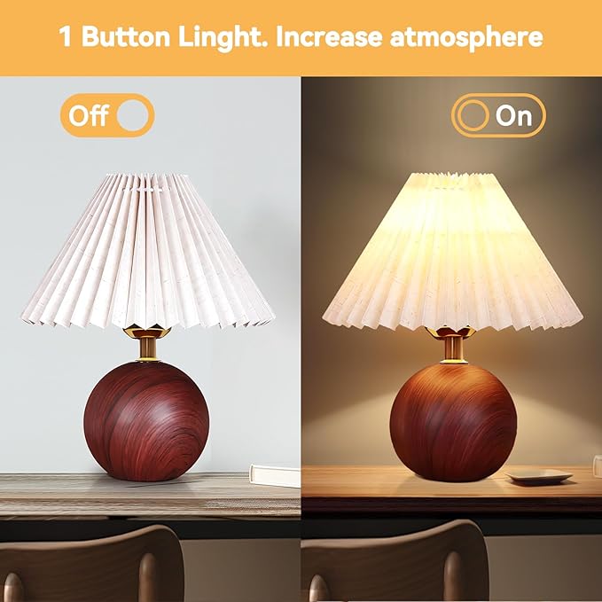 Ceramic Table Lamp for Bedroom, Small Space Pleated Cute Bedside Table Lamp with Switch, Night Light, Decor Desk Lamps for Living Room, Kids Room, Dorm, Office, Nursery with E26 LED Bulb