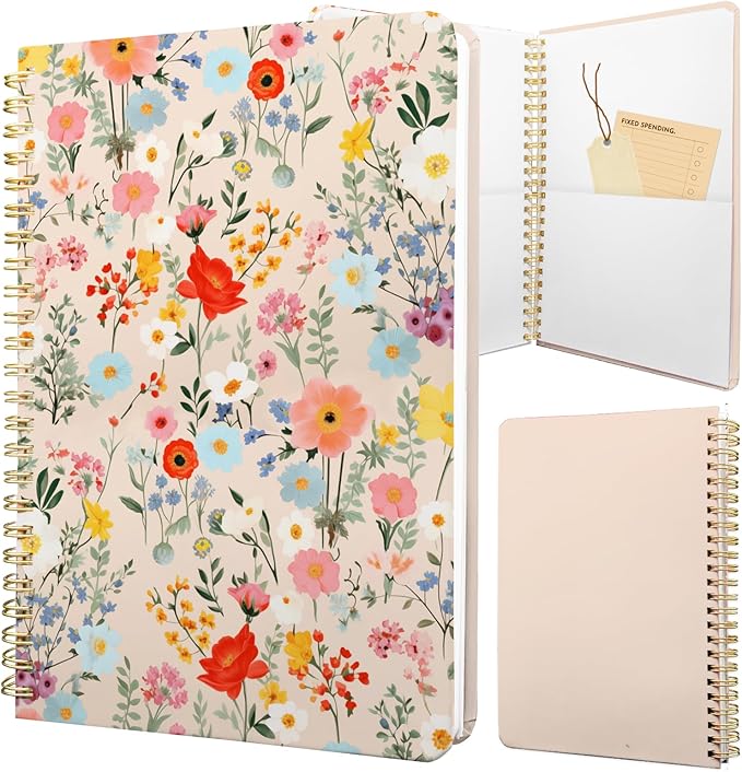 Cute Spiral Notebook journal A5 Aesthetic Pretty Floral Design for Women Girls Kawaii with Pocket, 8.5 x 5.7 inch, Yellow Floral