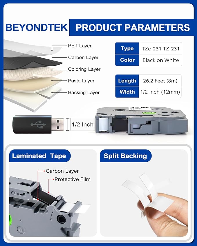 TZe-231 Replace for Brother Label Maker Tape TZ TZe Work with Brother P Touch Label Tape 12mm 0.47 Laminated White 1/2" P Touch Refill Black on White TZe-231 Cartridge for PT-H103w H110 D210 D220