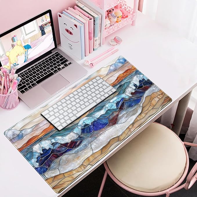 Mountain Sunrise Gaming Mouse Pad Large Desk Mat Extended Mouse and Keyboard Pad, Faux Stained Glass Nature Mousepad with Stitched Edge Mouse Desk Pad Computer Mat Soft Aesthetic Decor 31.5 X 15.7 in