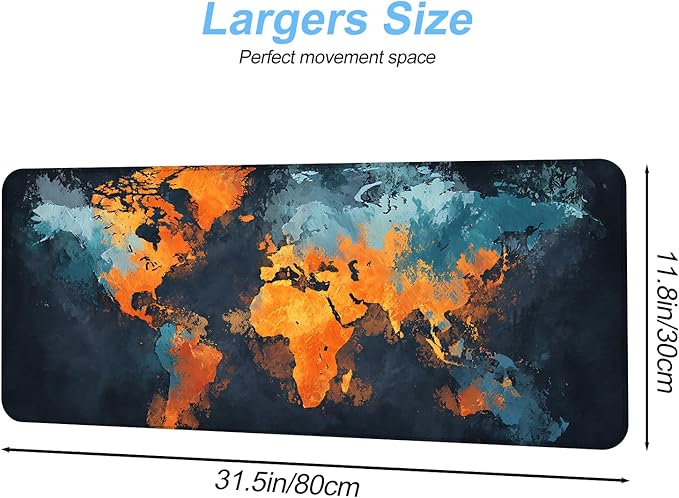 World Map Artistic Design Mouse Pad – 31.5" x 11.8" Extended Abstract Desk Mat with Bold Orange and Blue Color Palette – Large Non-Slip Surface for Office, Home, and Study