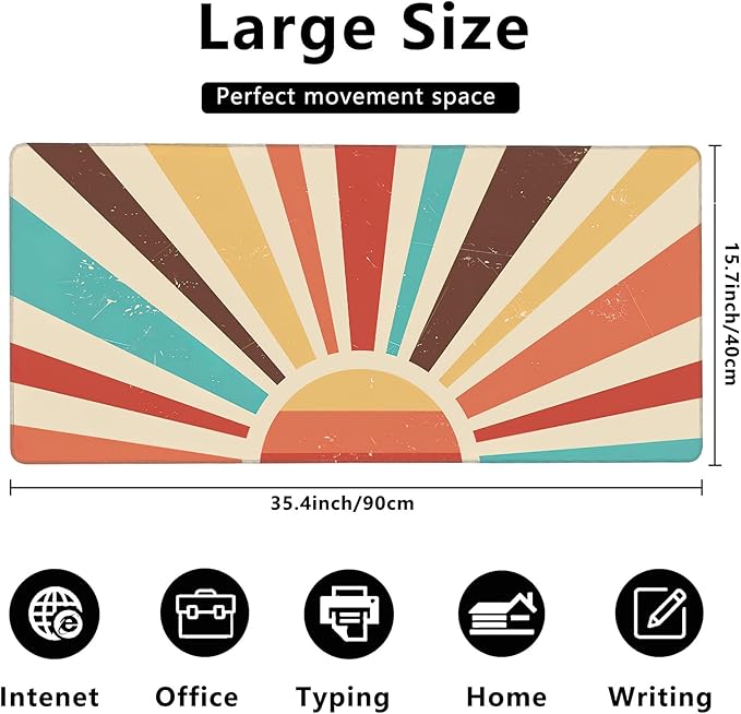 MIOAOSRT Desk Mat,Colourful Vintage Sunburst Gaming Mouse Pad,XXL Extended Mouse Pad Mat for Office,Computer,Keyboard with Non-Slip Base Stitched Eges Mousepad 35.4x15.75 inch