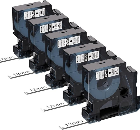 Label KINGDOM 45013 Label Tape Replace for Dymo D1 S0720530 Refill, 1/2 Inch x 23 Feet Black on White, 12 mm Label Maker Tape for LabelManager 150 360D 300, 5-Cartridge