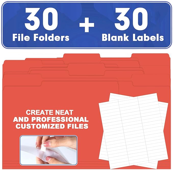 File Folder, HERKKA 30 Pack 1/3 Cut Tab File Folders, File Folders Great for Organizing and Filing, Letter Size, Red