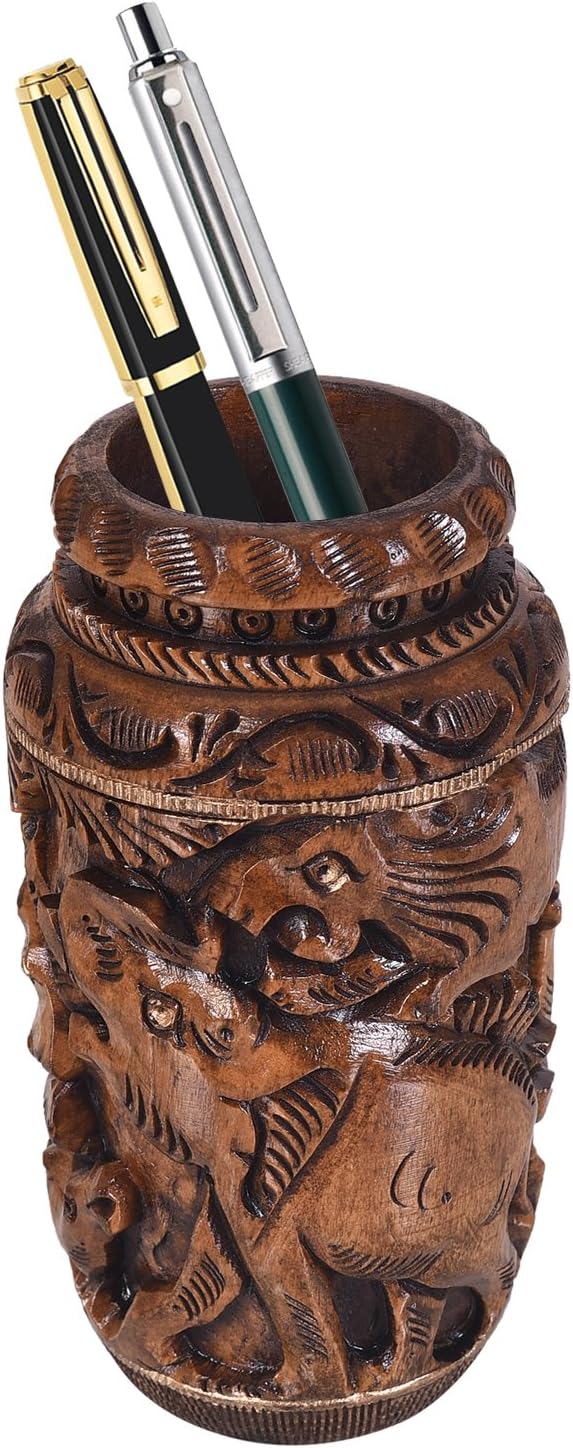 Craft Trade Hand Carved Wood Pencil Holder for Desk Organizer for Home School Office Supplies Pen Pot Storage Box Suitable for Stationery - Natural Wood