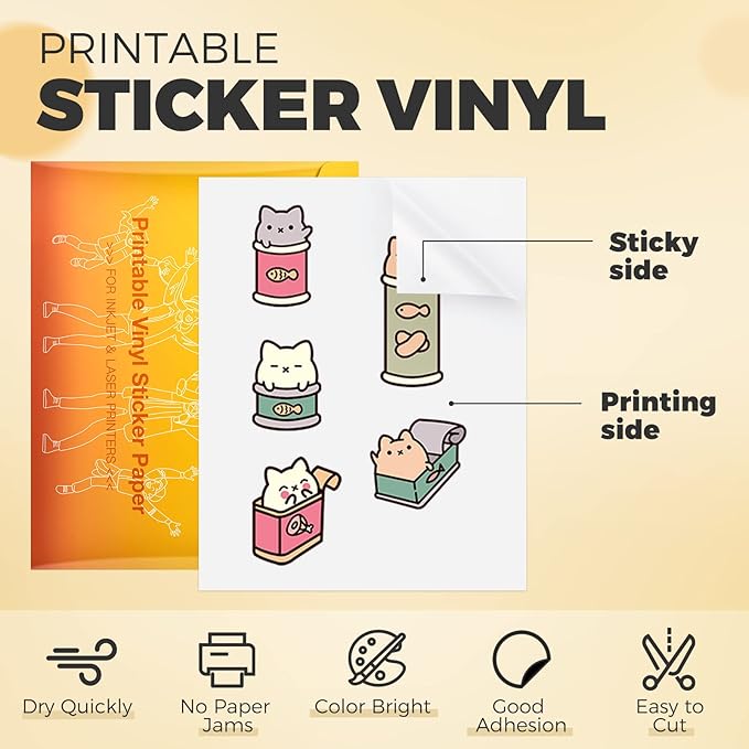 HTVRONT Printable Vinyl Sticker Paper, 100 Sheets Matte Waterproof Sticker Paper For Inkjet Printer & Laser Printer, Dries Quickly-Standard Letter Size 8.5"X11"