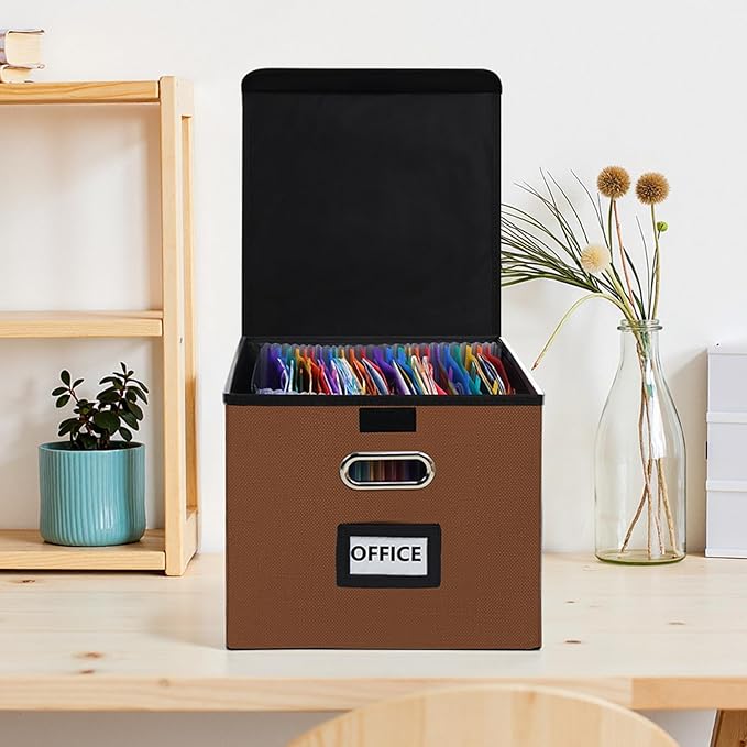 File Organizer Box with Folder, 25 Pockets Accordion File Organizer with Colored Labels, Upgraded & Portable File Folders for Home, Office, School, Brown