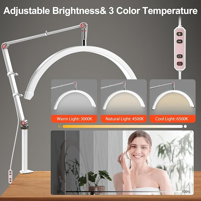 Professional LED Desk Lamp, Half Moon Light for Desk with Clip&Phone Holder, Esthetician Light with Adjustable 10-Level Dimming & 3 Color for Work,Office,Makeup,Nail Salon,Tattoo,Craft (White)