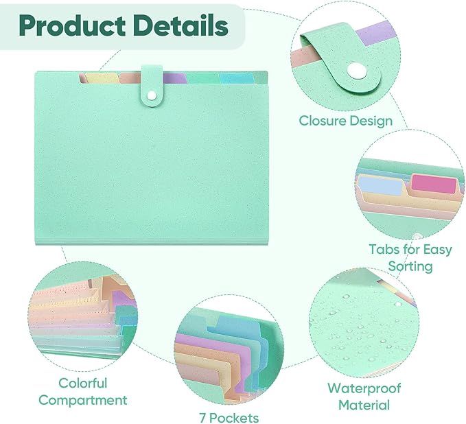 Accordion File Organizer with 7 Pockets,Eco-Friendly Wheat Straw Expanding File Folder,A4/Letter Size Portable Document Folder with Labels and Snap Closure for School Office College Supplies