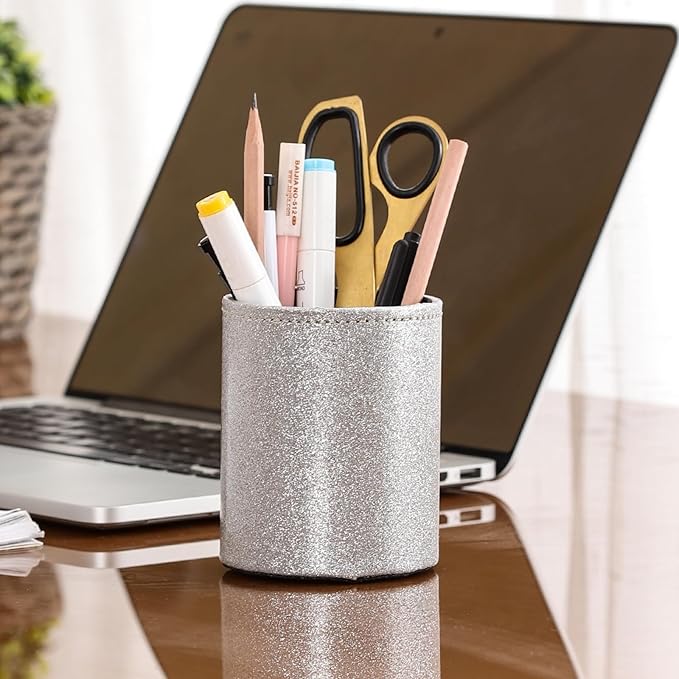Pencil Holder for Desk, PU Leather Pen Holders for Cosmetics Office Supplies,Brush Holder Makeup Organizer Silver PH108