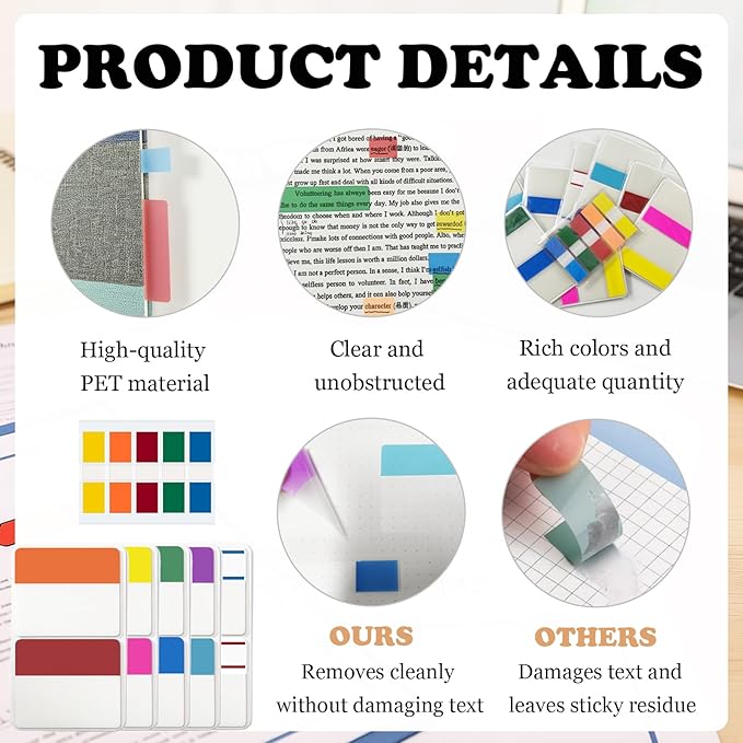 500 Pieces Sticky Index Tabs, Writable & Repositionable Page Markers, 2 Inch File Tabs for Notebooks, Books, Binders, Folders, Tab Dividers Stick On, 10 Colors, 21 Sets (Vibrant, 500pcs)