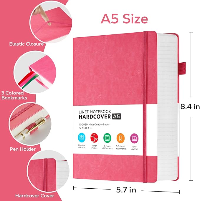 Lined Journal Notebook for Women/Men Writing Work, 320 Pages Hardcover Pink Leather Daily Diary Journals Note book College Ruled for Note Taking, A5 (5.7'' X 8.4'')