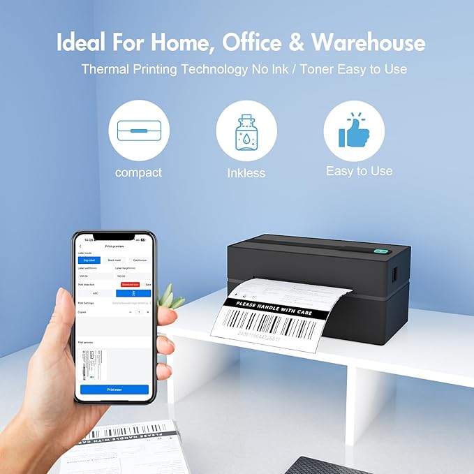 Bluetooth Thermal Shipping Label Printer: 4x6 Wireless Mini Clear Label Maker with Waterproof Tape for Small Business - Widely Used for USPS UPS Ebay Amazon Shopify Etsy