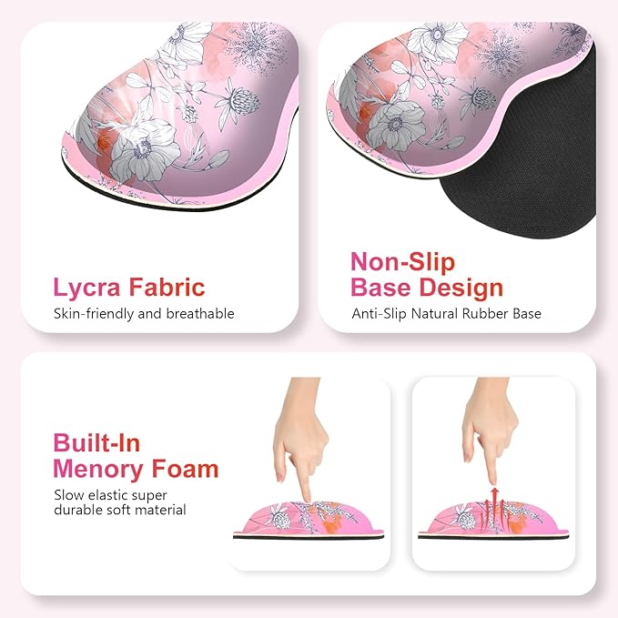 Gaming Mouse Pad Keyboard Wrist Support, 4 in1 Mousepad with Wrist Keyboard Rest, Computer Desk Mat, Non-Slip Desk Pad Protector with Memory Foam Easy Typing Pain Relief I Pink Flowers