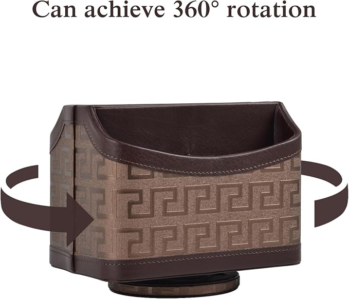 Leather Remote Control Holder 360°Rotatable,Bedside Nightstand Phone Caddy,Office Supplies Storage Box,Desk Organizer for TV Remote Controllers,CD,Pen,Mail,Media Player,Tablets(Coffee Gold)