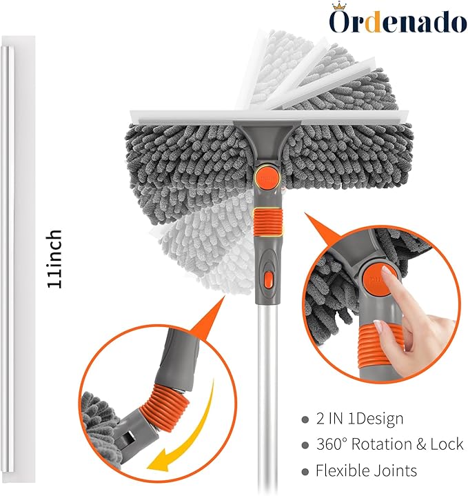 Ordenado 62" Window Squeegee Cleaning Kit, 2 in 1 Window Cleaner Tool with Long Handle, Rotatable High Windows Washing Kit for Home & Outdoor, Detachable Washer Tool Squeegee for Shower Glass, Car
