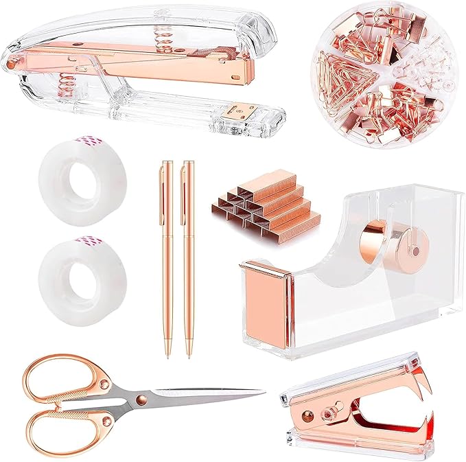 Office Supplies,Desk Accessories,with Stapler,Tape Dispenser,Staple Remover,Scissor,Ballpoint Pen,Clear Tape,Staples,Binder,Best Gift Set(Rose Gold)