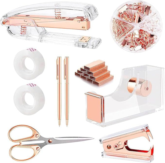 Office Supplies,Desk Accessories,with Stapler,Tape Dispenser,Staple Remover,Scissor,Ballpoint Pen,Clear Tape,Staples,Binder,Best Gift Set(Rose Gold)