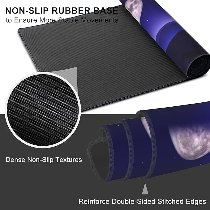 Mouse Pad, Large Moon Phases and Mountain Forest Desk Mat, Extended Non-Slip Gaming Keyboard Mousepad Desk Pad, Thick Stitched Edges Waterproof Mouse Mat 31.5"x15.7" (Moon Phase Changes)