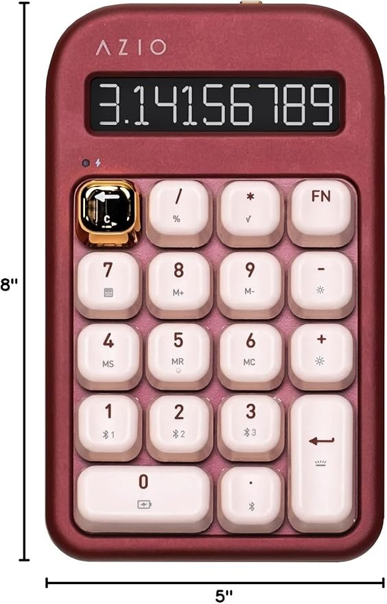 AZIO IZO Wireless Mechanical Calculator & Number Pad (Red/Gold) - Bluetooth 5.0 & USB, Gateron-Blue Mechanical Switch, 9 Backlight Modes, Rechargeable, PC & Mac Compatible, Baroque Rose (IN106)