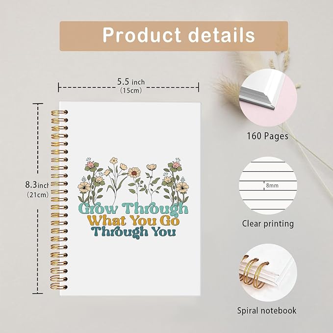 MOFUYU Aesthetic Spiral Notebook Journal For Women,Cottagecore Note Book,Floral Inspirational Motivational Notebook,Mental Health Journal for Women 5.5x8.3