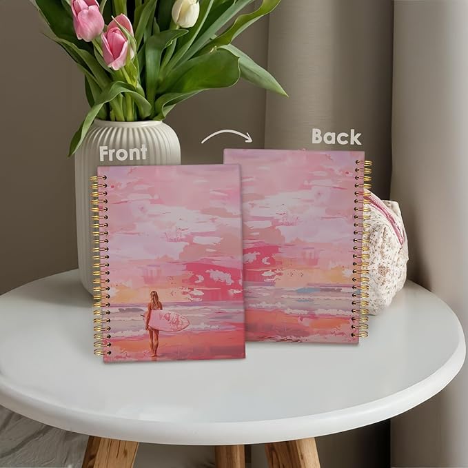 Wheatwin Pink Beachy Aesthetic Spiral Notebook Journal, Preppy Trendy Cute Notebook for Women, Preppy Notebooks for School 5.5x8.3