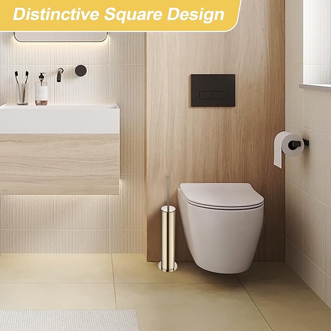 BGL Toilet Brush and Holder Set, Heavy Duty 304 Stainless Steel, Round Base and Long Handle for Bathroom Deep Cleaning, Drip-Proof, Space Saving for Storag, Polished Gold