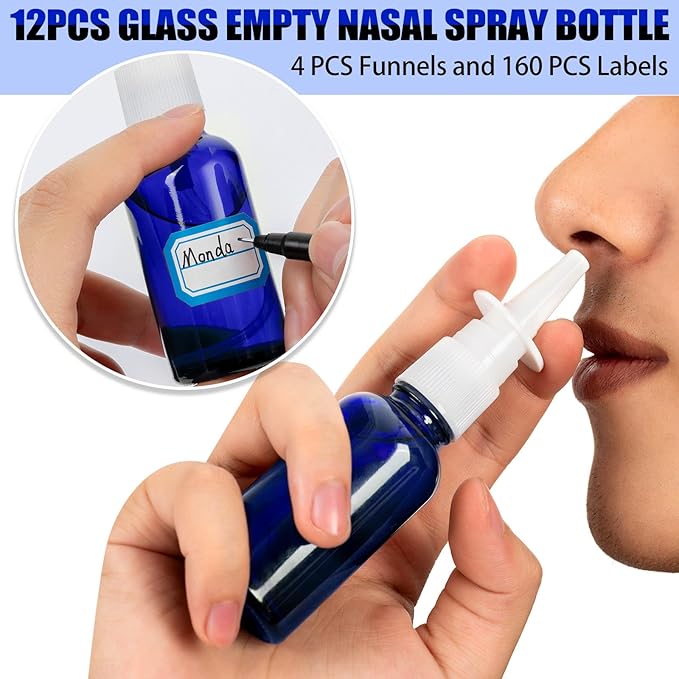 20 Pcs Nasal Spray Bottles, 30ML/1oz Blue Glass Refillable Fine Mist Empty Nasal Spray Bottle with 4 Pcs Funnels and 4 Pcs Labels…