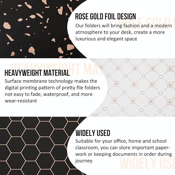 Y YOMA 12 Pack Rose Gold File Folders Letter Size Decorative File Folder Cute Pretty Colored Heavyweight Filing Folder File Organizers for Office School Home Desktop with 1/3-Cut Tab, Black & White